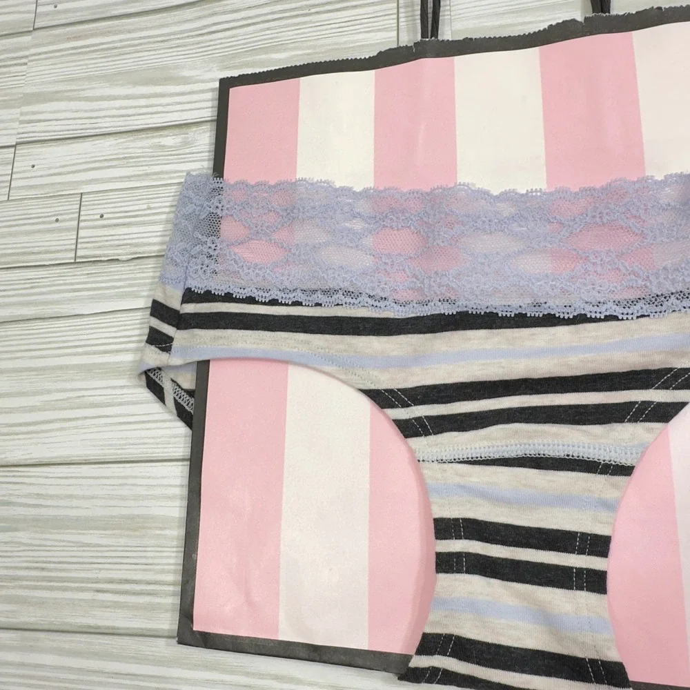 Victorias Secret XS Low Rise Hip‎ Hugger Striped Panties with Blue Lace Trim NWT